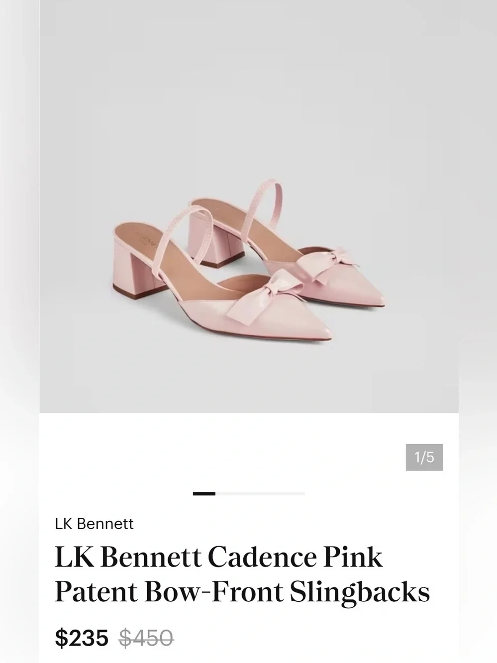 LK Bennett Patent Bow Pointed Slingback Heels in Blush Pink size 37 (6.5)